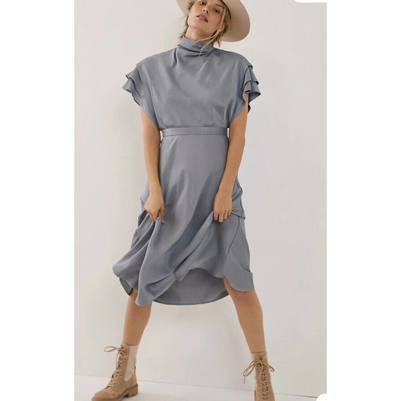 ANTHROPOLOGIE Women’s Madeline MIDI Dress Ruched Cap Sleeve Mock Neck Sz 14 - Picture 1 of 16